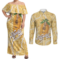 Hawaiian Mango Ukulele Couples Matching Off Shoulder Maxi Dress and Long Sleeve Button Shirt Retro Yellow Hibiscus Pikake Lei LT9 Yellow - Polynesian Pride