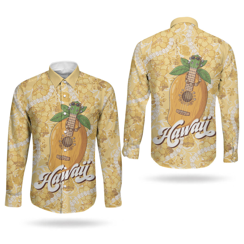 Hawaiian Mango Ukulele Couples Matching Off Shoulder Maxi Dress and Long Sleeve Button Shirt Retro Yellow Hibiscus Pikake Lei LT9 - Polynesian Pride