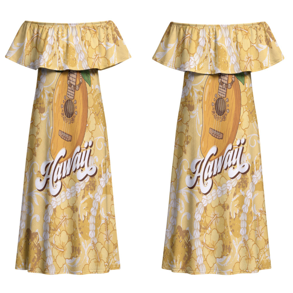 Hawaiian Mango Ukulele Couples Matching Off Shoulder Maxi Dress and Long Sleeve Button Shirt Retro Yellow Hibiscus Pikake Lei LT9 - Polynesian Pride