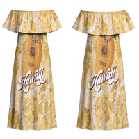 Hawaiian Mango Ukulele Couples Matching Off Shoulder Maxi Dress and Long Sleeve Button Shirt Retro Yellow Hibiscus Pikake Lei LT9 - Polynesian Pride