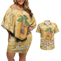 Hawaiian Mango Ukulele Couples Matching Off Shoulder Short Dress and Hawaiian Shirt Retro Yellow Hibiscus Pikake Lei LT9 Yellow - Polynesian Pride