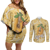Hawaiian Mango Ukulele Couples Matching Off Shoulder Short Dress and Long Sleeve Button Shirt Retro Yellow Hibiscus Pikake Lei LT9 Yellow - Polynesian Pride