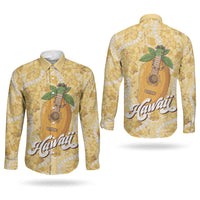 Hawaiian Mango Ukulele Couples Matching Off Shoulder Short Dress and Long Sleeve Button Shirt Retro Yellow Hibiscus Pikake Lei LT9 - Polynesian Pride