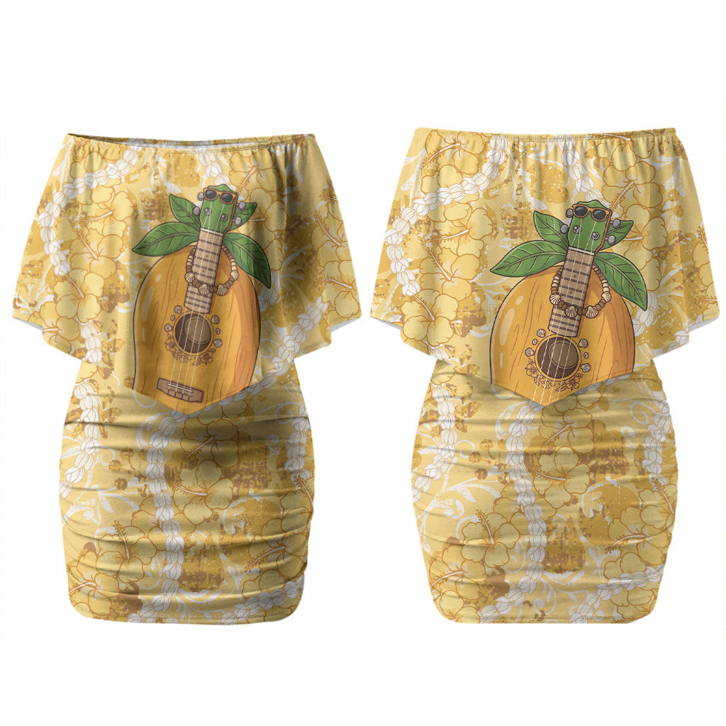 Hawaiian Mango Ukulele Couples Matching Off Shoulder Short Dress and Long Sleeve Button Shirt Retro Yellow Hibiscus Pikake Lei LT9 - Polynesian Pride