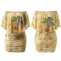 Hawaiian Mango Ukulele Couples Matching Off Shoulder Short Dress and Long Sleeve Button Shirt Retro Yellow Hibiscus Pikake Lei LT9 - Polynesian Pride