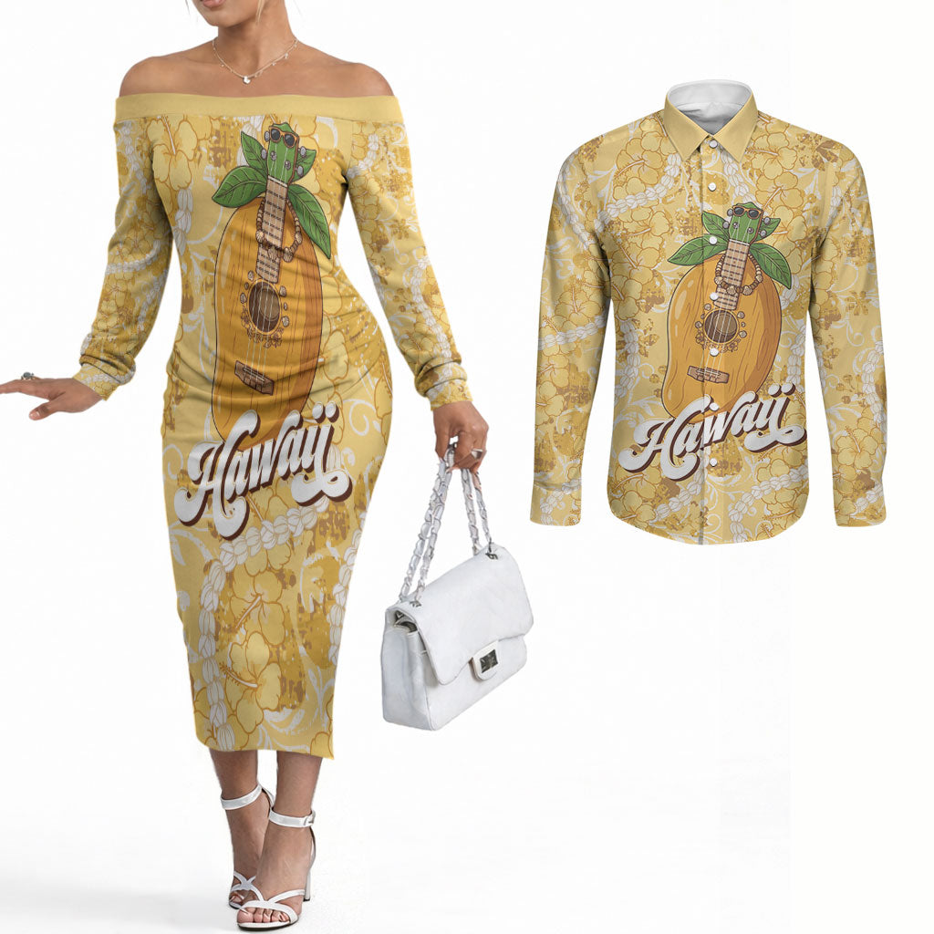 Hawaiian Mango Ukulele Couples Matching Off The Shoulder Long Sleeve Dress and Long Sleeve Button Shirt Retro Yellow Hibiscus Pikake Lei LT9 Yellow - Polynesian Pride