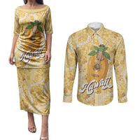 Hawaiian Mango Ukulele Couples Matching Puletasi and Long Sleeve Button Shirt Retro Yellow Hibiscus Pikake Lei LT9 Yellow - Polynesian Pride