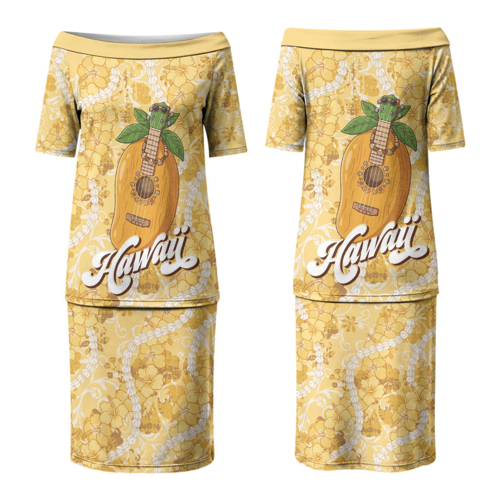 Hawaiian Mango Ukulele Couples Matching Puletasi and Long Sleeve Button Shirt Retro Yellow Hibiscus Pikake Lei LT9 - Polynesian Pride