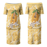 Hawaiian Mango Ukulele Couples Matching Puletasi and Long Sleeve Button Shirt Retro Yellow Hibiscus Pikake Lei LT9 - Polynesian Pride