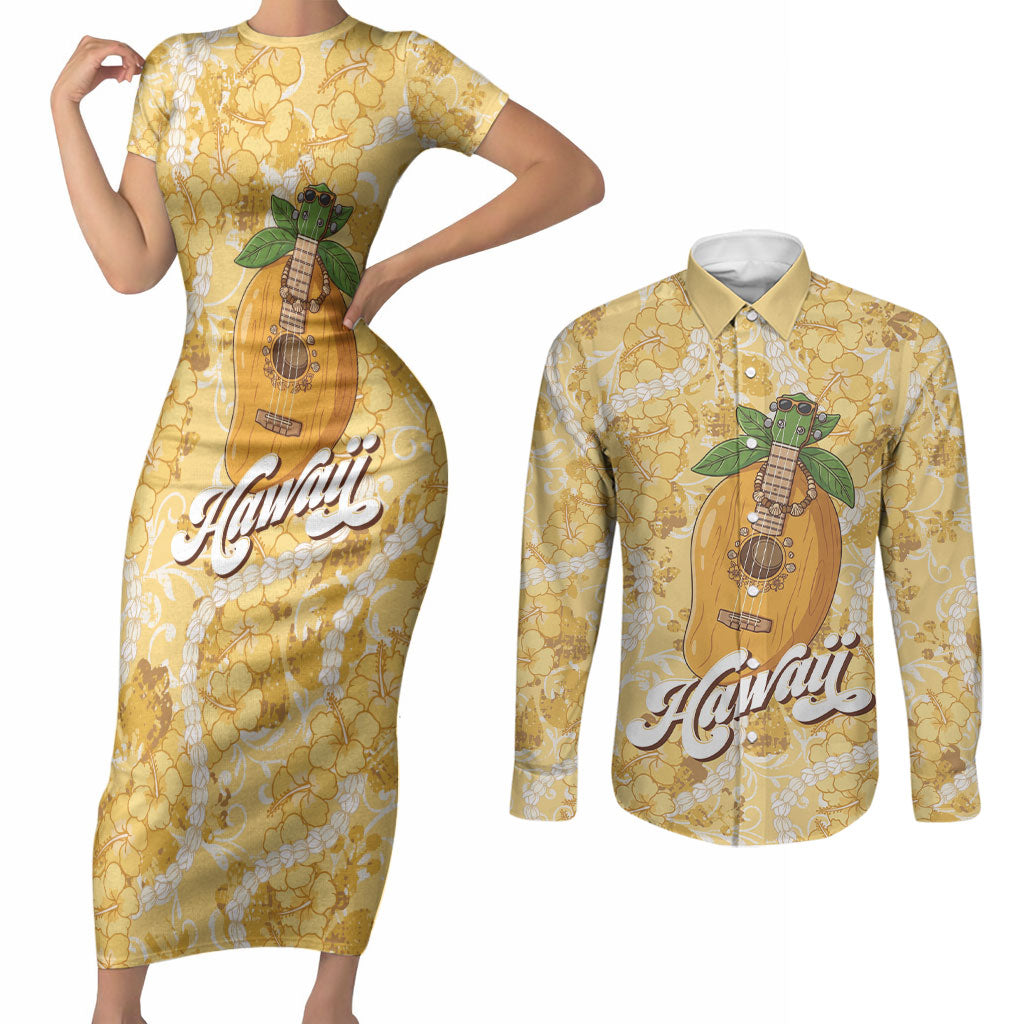 Hawaiian Mango Ukulele Couples Matching Short Sleeve Bodycon Dress and Long Sleeve Button Shirt Retro Yellow Hibiscus Pikake Lei LT9 Yellow - Polynesian Pride