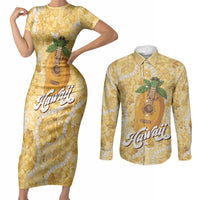 Hawaiian Mango Ukulele Couples Matching Short Sleeve Bodycon Dress and Long Sleeve Button Shirt Retro Yellow Hibiscus Pikake Lei LT9 Yellow - Polynesian Pride