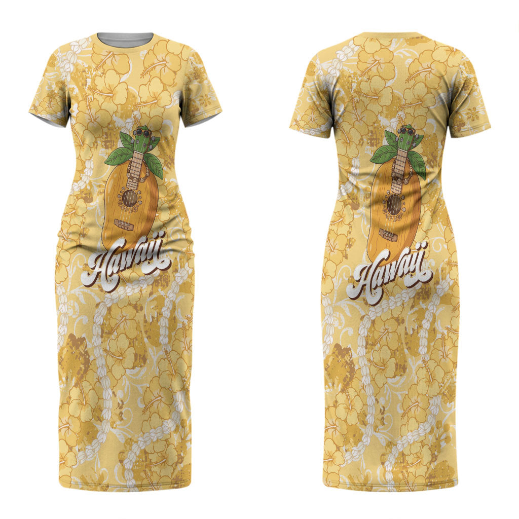 Hawaiian Mango Ukulele Couples Matching Short Sleeve Bodycon Dress and Long Sleeve Button Shirt Retro Yellow Hibiscus Pikake Lei LT9 - Polynesian Pride