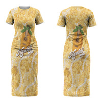 Hawaiian Mango Ukulele Couples Matching Short Sleeve Bodycon Dress and Long Sleeve Button Shirt Retro Yellow Hibiscus Pikake Lei LT9 - Polynesian Pride