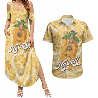 Hawaiian Mango Ukulele Couples Matching Summer Maxi Dress and Hawaiian Shirt Retro Yellow Hibiscus Pikake Lei LT9 Yellow - Polynesian Pride