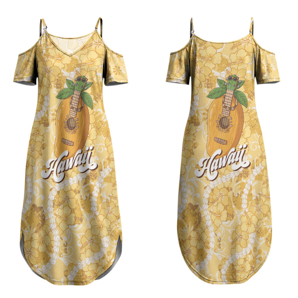 Hawaiian Mango Ukulele Couples Matching Summer Maxi Dress and Hawaiian Shirt Retro Yellow Hibiscus Pikake Lei LT9 - Polynesian Pride