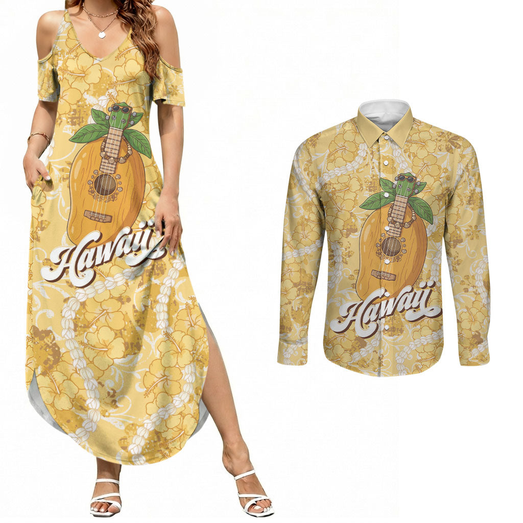 Hawaiian Mango Ukulele Couples Matching Summer Maxi Dress and Long Sleeve Button Shirt Retro Yellow Hibiscus Pikake Lei LT9 Yellow - Polynesian Pride
