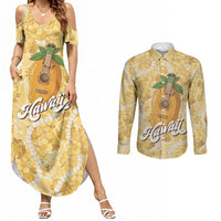 Hawaiian Mango Ukulele Couples Matching Summer Maxi Dress and Long Sleeve Button Shirt Retro Yellow Hibiscus Pikake Lei LT9 Yellow - Polynesian Pride