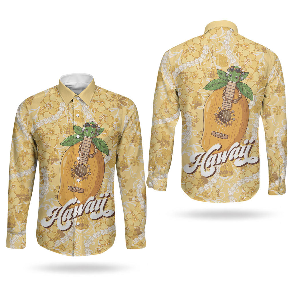 Hawaiian Mango Ukulele Couples Matching Summer Maxi Dress and Long Sleeve Button Shirt Retro Yellow Hibiscus Pikake Lei LT9 - Polynesian Pride