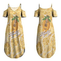 Hawaiian Mango Ukulele Couples Matching Summer Maxi Dress and Long Sleeve Button Shirt Retro Yellow Hibiscus Pikake Lei LT9 - Polynesian Pride