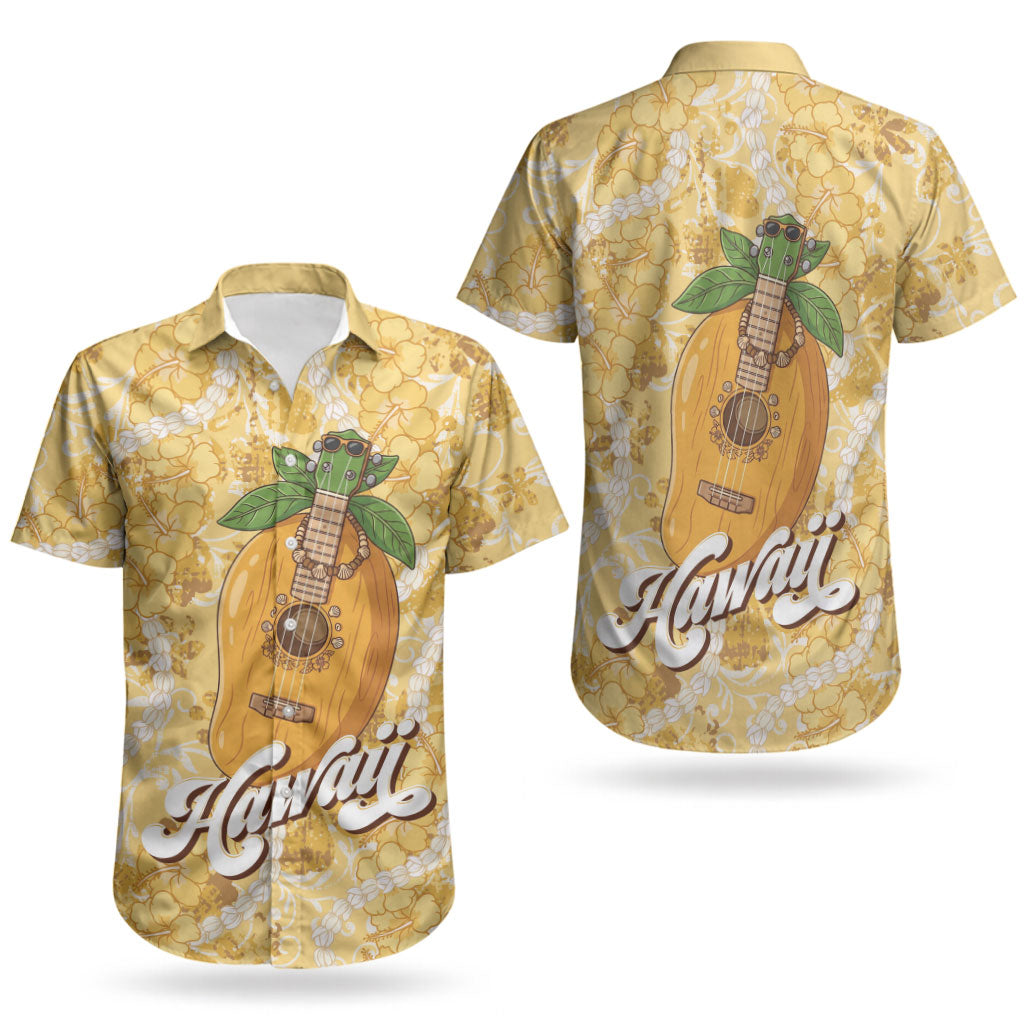 Hawaiian Mango Ukulele Couples Matching Tank Maxi Dress and Hawaiian Shirt Retro Yellow Hibiscus Pikake Lei LT9 - Polynesian Pride