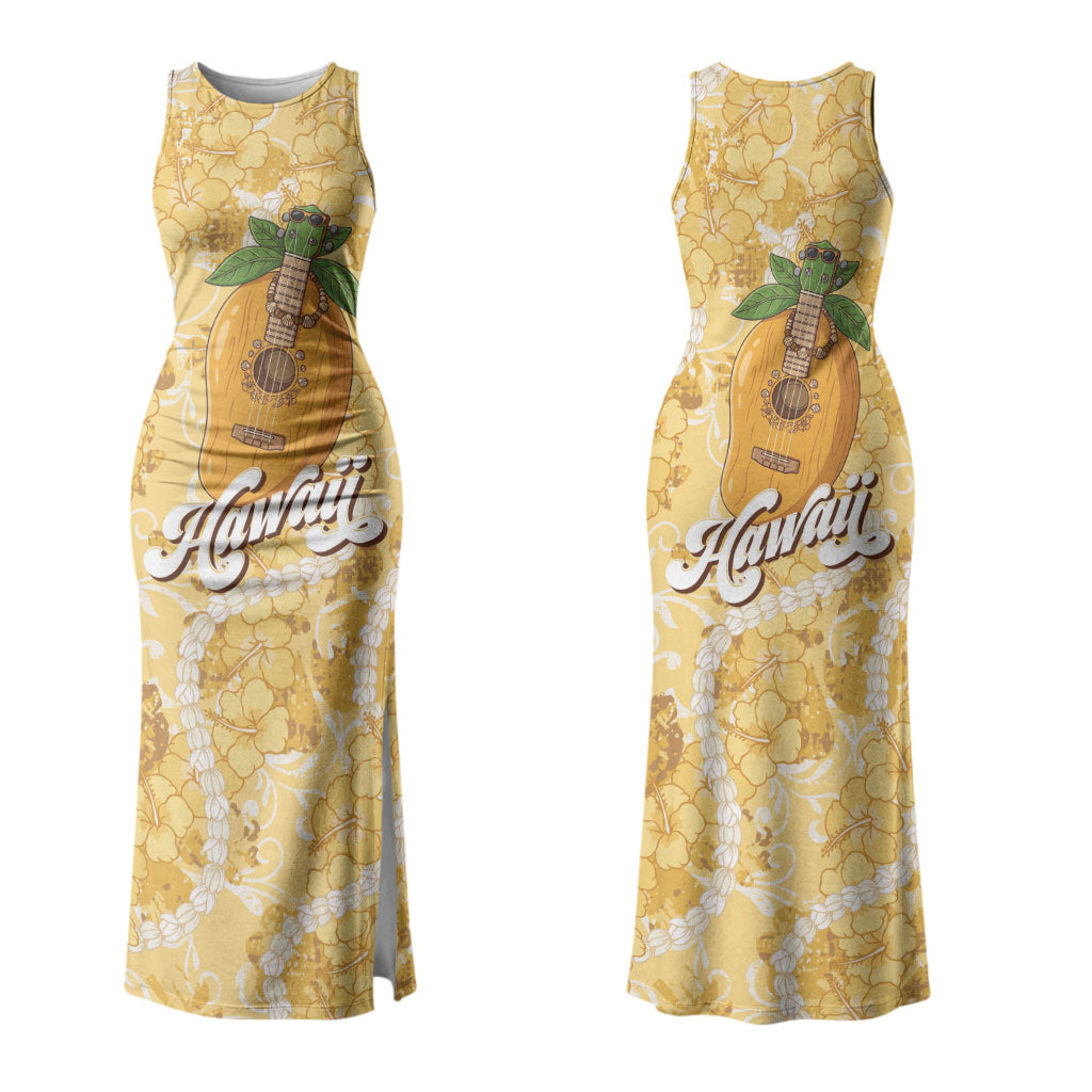 Hawaiian Mango Ukulele Couples Matching Tank Maxi Dress and Hawaiian Shirt Retro Yellow Hibiscus Pikake Lei LT9 - Polynesian Pride