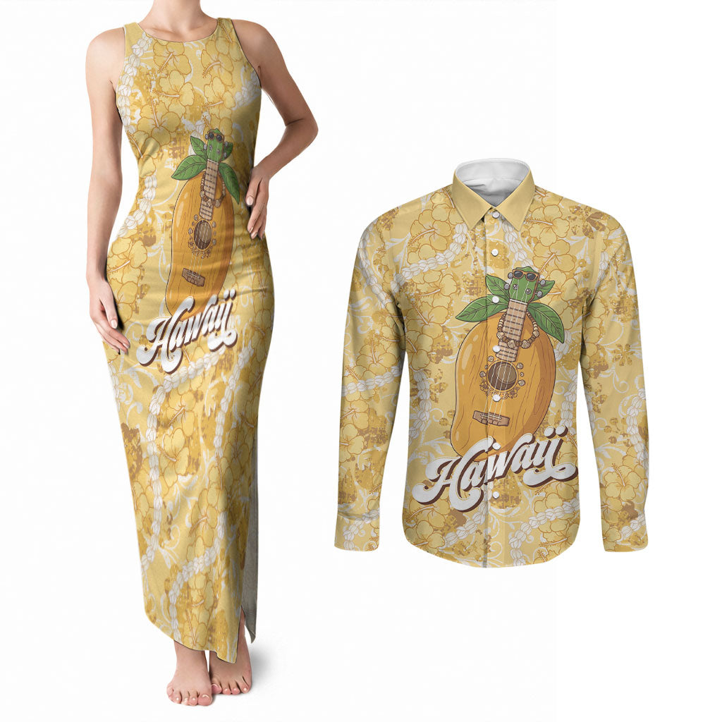 Hawaiian Mango Ukulele Couples Matching Tank Maxi Dress and Long Sleeve Button Shirt Retro Yellow Hibiscus Pikake Lei LT9 Yellow - Polynesian Pride