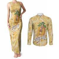 Hawaiian Mango Ukulele Couples Matching Tank Maxi Dress and Long Sleeve Button Shirt Retro Yellow Hibiscus Pikake Lei LT9 Yellow - Polynesian Pride