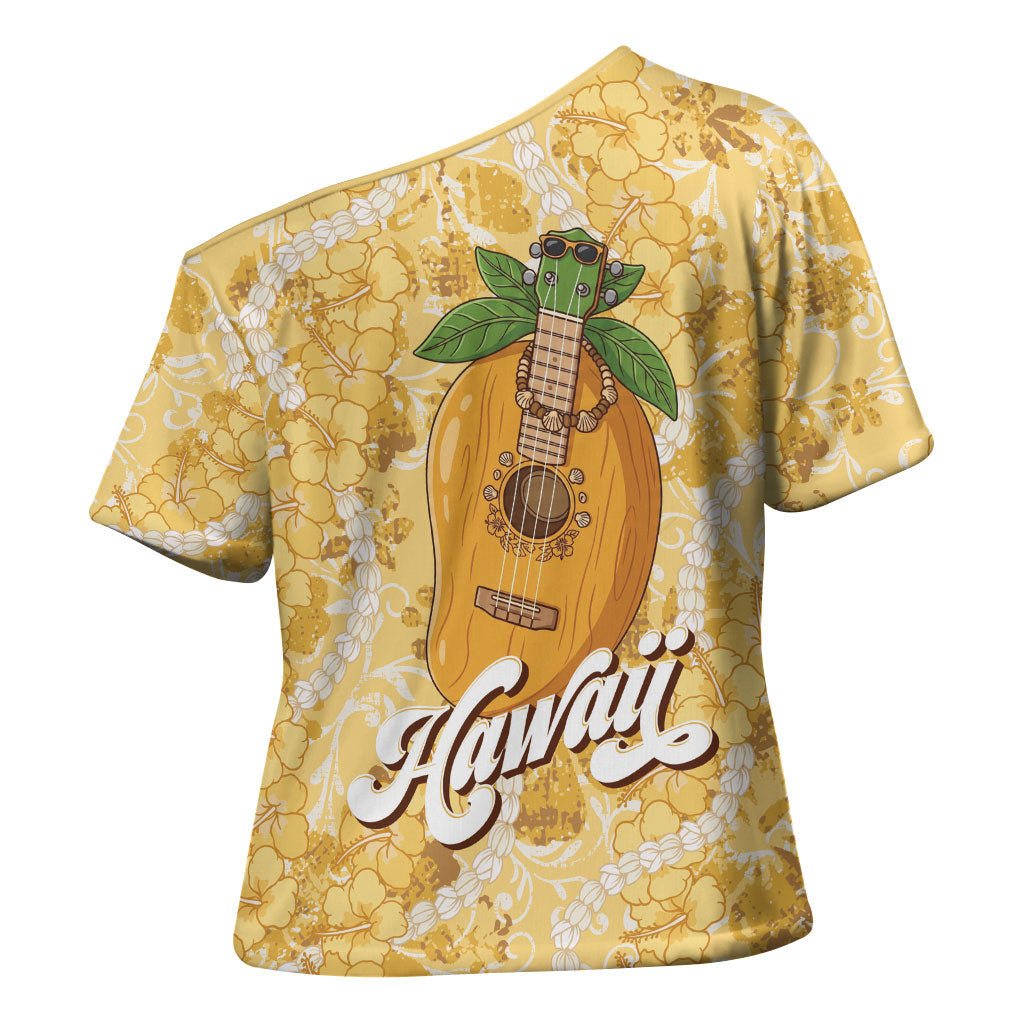 Hawaiian Mango Ukulele Cross Shoulder Shirt Retro Yellow Hibiscus Pikake Lei LT9 - Polynesian Pride