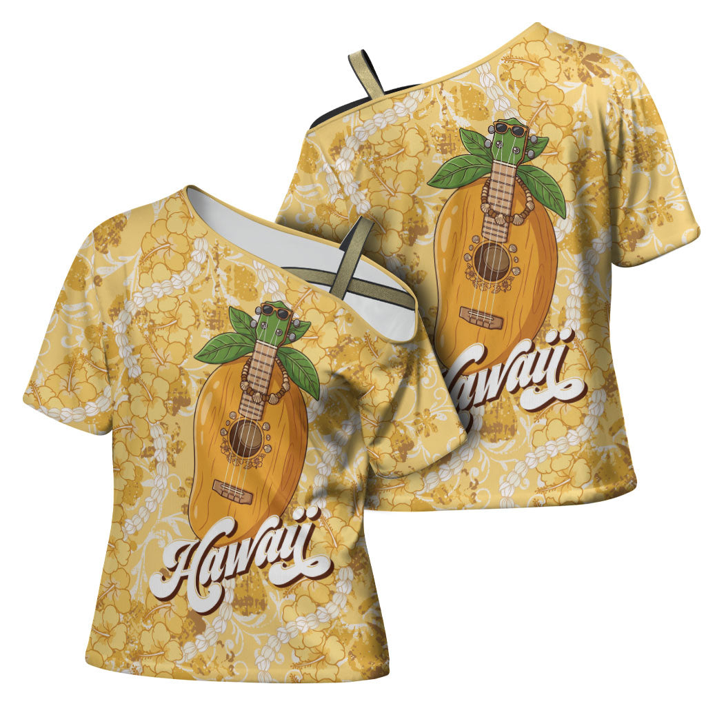 Hawaiian Mango Ukulele Cross Shoulder Shirt Retro Yellow Hibiscus Pikake Lei LT9 - Polynesian Pride