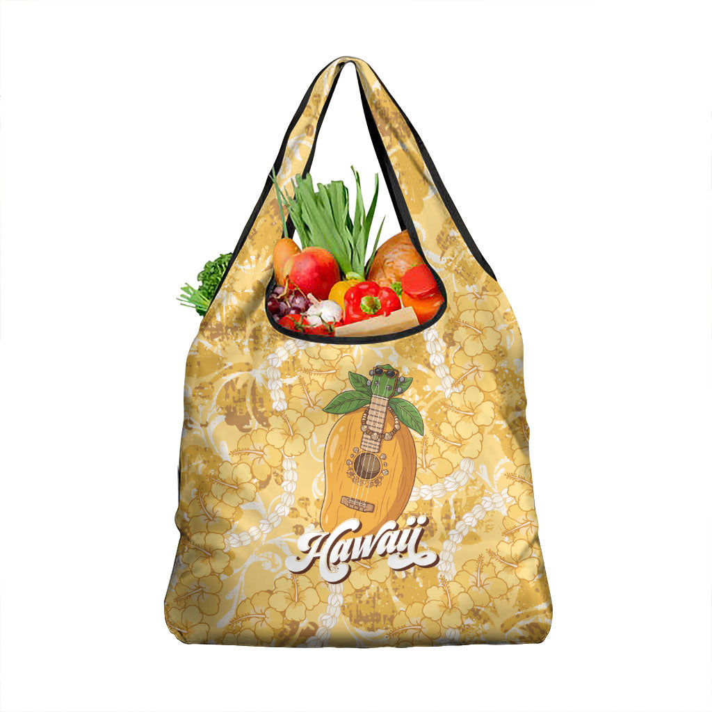 Hawaiian Mango Ukulele Grocery Bag Retro Yellow Hibiscus Pikake Lei LT9 1-pack One Size Yellow - Polynesian Pride