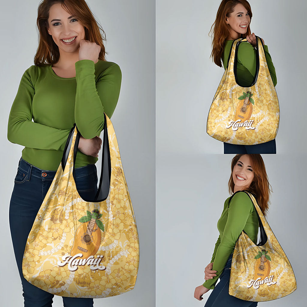 Hawaiian Mango Ukulele Grocery Bag Retro Yellow Hibiscus Pikake Lei LT9 - Polynesian Pride