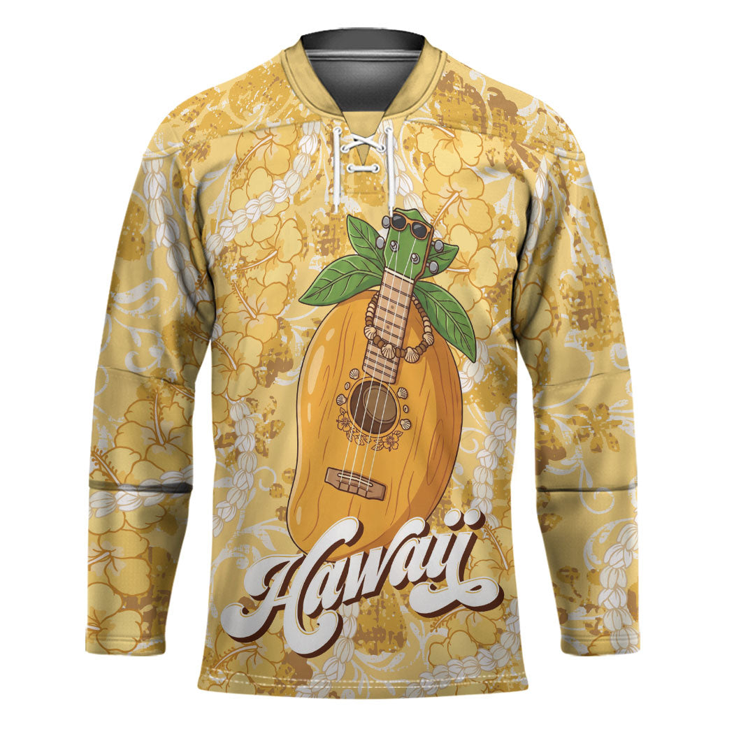 Hawaiian Mango Ukulele Hockey Jersey Retro Yellow Hibiscus Pikake Lei LT9 Unisex Yellow - Polynesian Pride