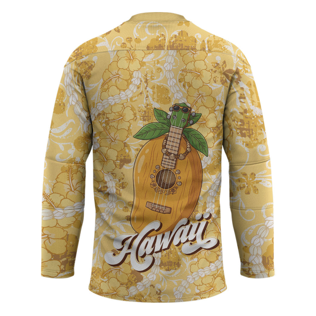 Hawaiian Mango Ukulele Hockey Jersey Retro Yellow Hibiscus Pikake Lei LT9 - Polynesian Pride
