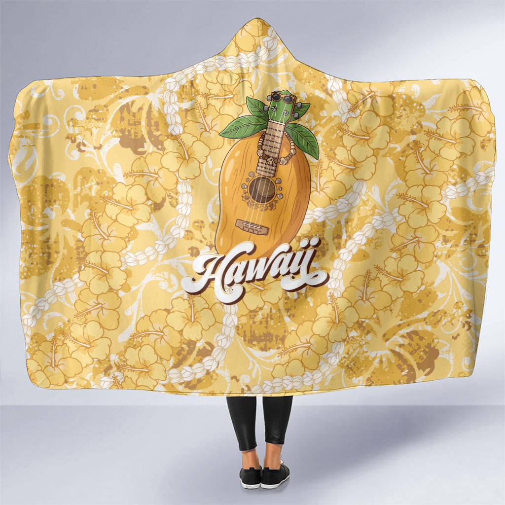 Hawaiian Mango Ukulele Hooded Blanket Retro Yellow Hibiscus Pikake Lei LT9 One Size Yellow - Polynesian Pride