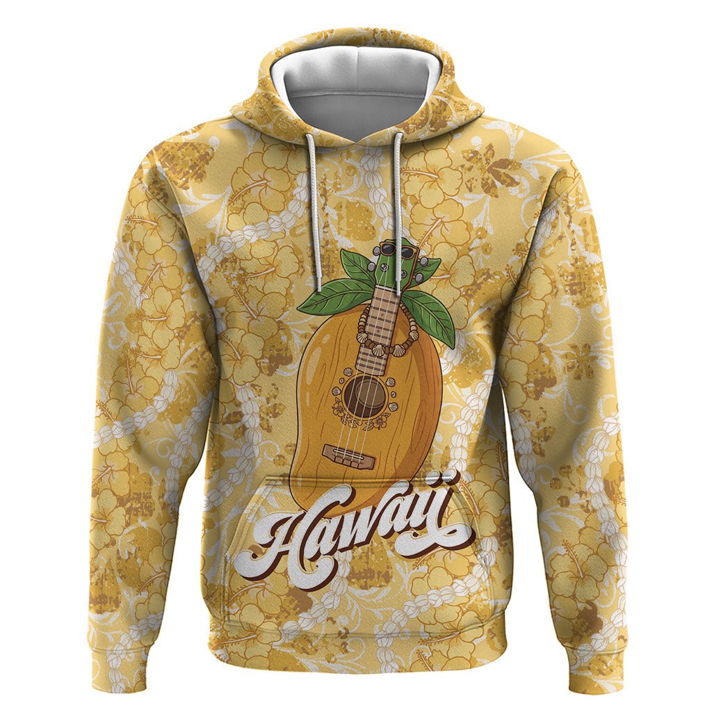 Hawaiian Mango Ukulele Hoodie Retro Yellow Hibiscus Pikake Lei LT9 Pullover Hoodie Yellow - Polynesian Pride