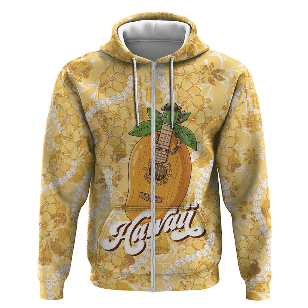 Hawaiian Mango Ukulele Hoodie Retro Yellow Hibiscus Pikake Lei LT9 Zip Hoodie Yellow - Polynesian Pride