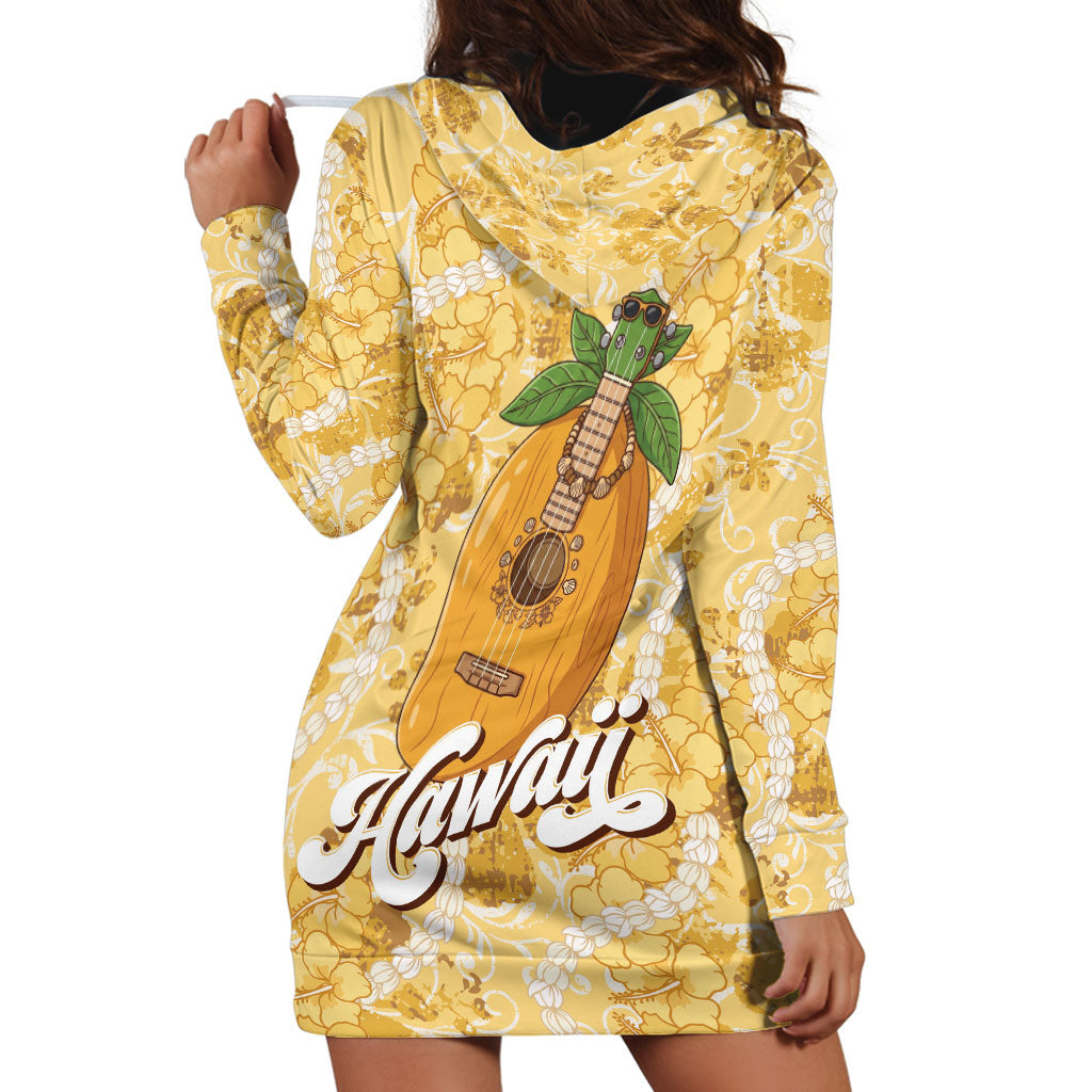 Hawaiian Mango Ukulele Hoodie Dress Retro Yellow Hibiscus Pikake Lei LT9 - Polynesian Pride