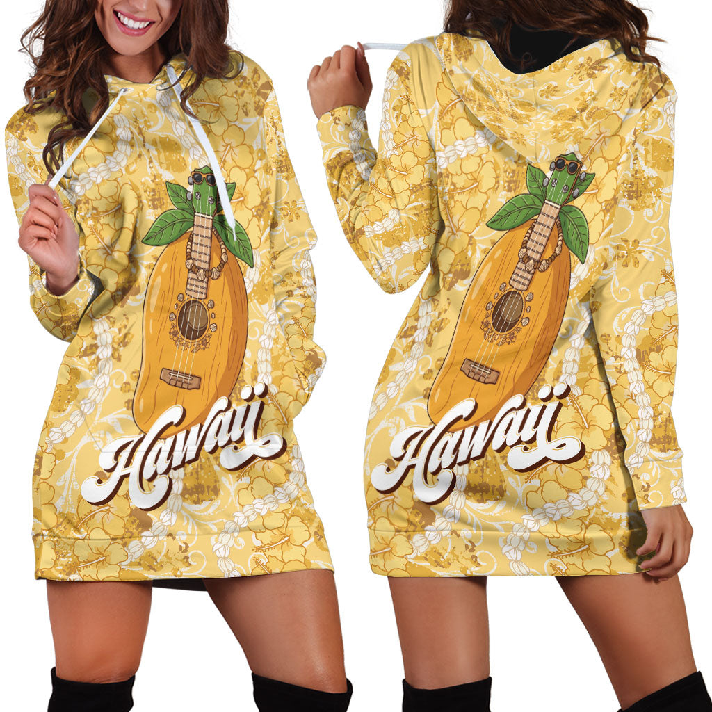 Hawaiian Mango Ukulele Hoodie Dress Retro Yellow Hibiscus Pikake Lei LT9 - Polynesian Pride
