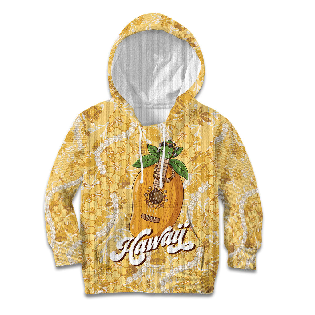 Hawaiian Mango Ukulele Kid Hoodie Retro Yellow Hibiscus Pikake Lei LT9 Hoodie Yellow - Polynesian Pride