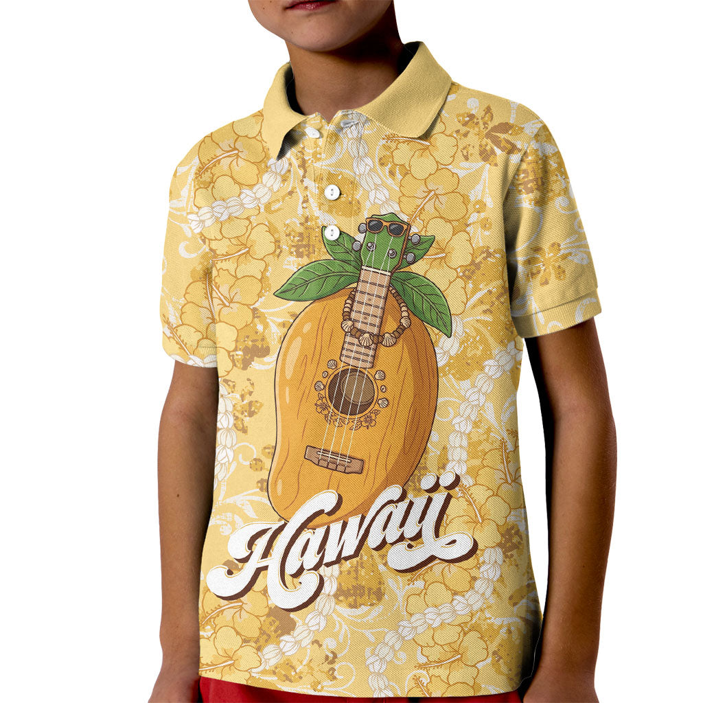 Hawaiian Mango Ukulele Kid Polo Shirt Retro Yellow Hibiscus Pikake Lei LT9 Kid Yellow - Polynesian Pride