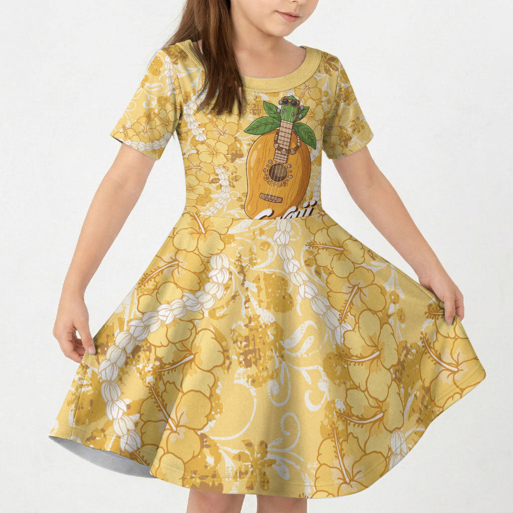 Hawaiian Mango Ukulele Kid Short Sleeve Dress Retro Yellow Hibiscus Pikake Lei LT9 KID Yellow - Polynesian Pride