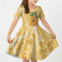 Hawaiian Mango Ukulele Kid Short Sleeve Dress Retro Yellow Hibiscus Pikake Lei LT9 KID Yellow - Polynesian Pride