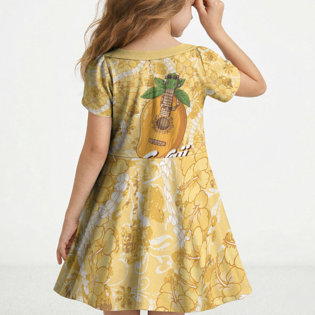 Hawaiian Mango Ukulele Kid Short Sleeve Dress Retro Yellow Hibiscus Pikake Lei LT9 - Polynesian Pride