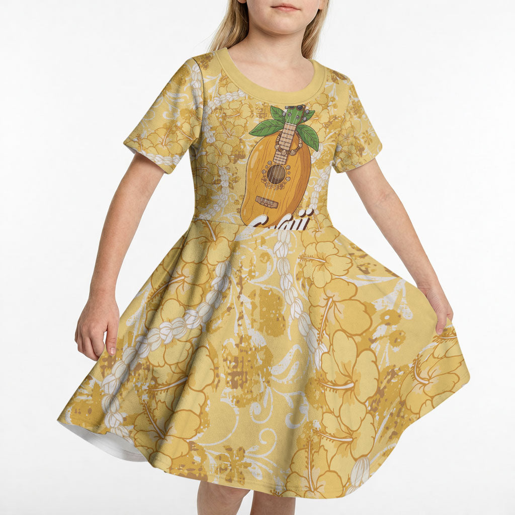 Hawaiian Mango Ukulele Kid Short Sleeve Dress Retro Yellow Hibiscus Pikake Lei LT9 - Polynesian Pride
