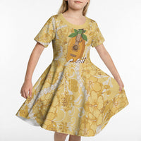 Hawaiian Mango Ukulele Kid Short Sleeve Dress Retro Yellow Hibiscus Pikake Lei LT9 - Polynesian Pride