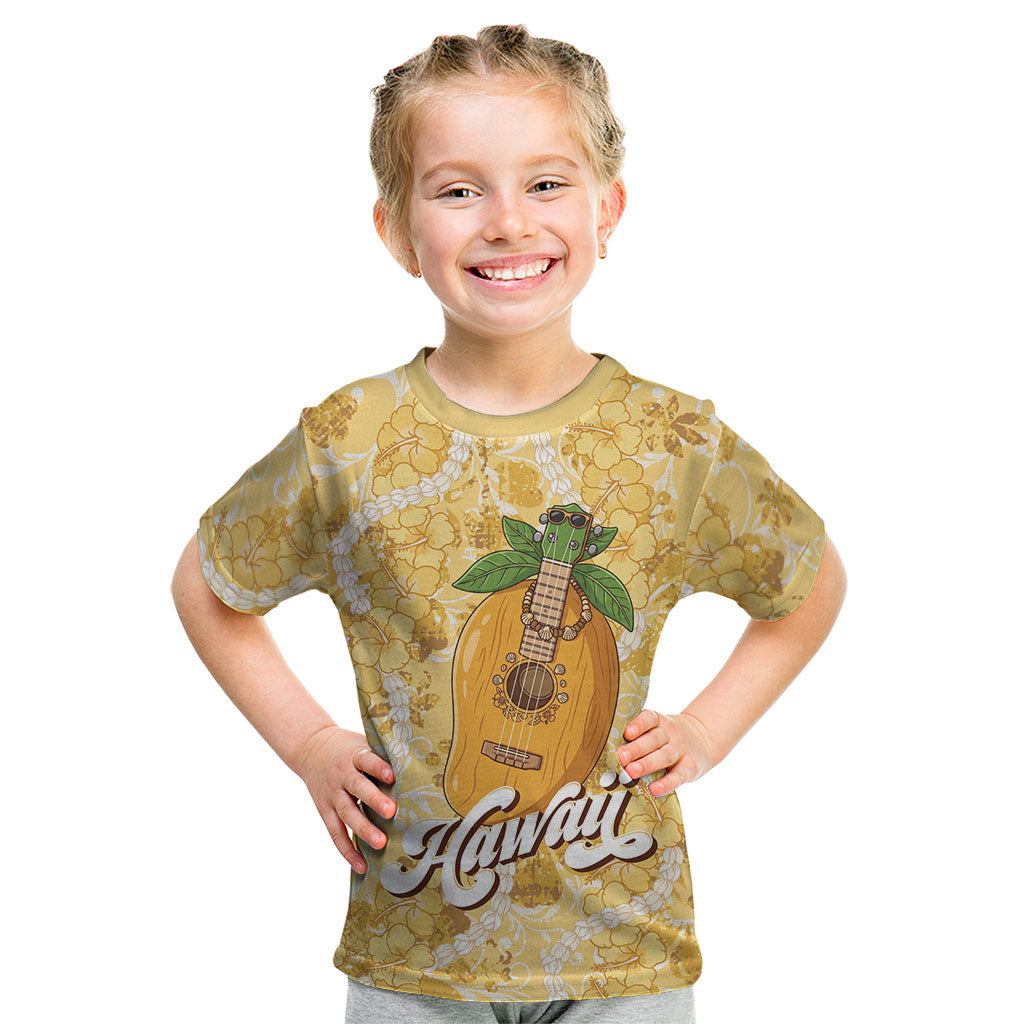 Hawaiian Mango Ukulele Kid T Shirt Retro Yellow Hibiscus Pikake Lei LT9 Yellow - Polynesian Pride