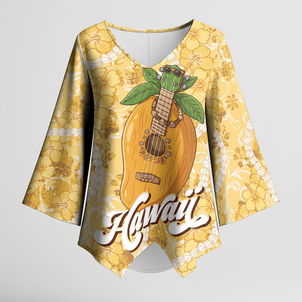 Hawaiian Mango Ukulele Kimono Sleeve Blouse Retro Yellow Hibiscus Pikake Lei LT9 Female Yellow - Polynesian Pride
