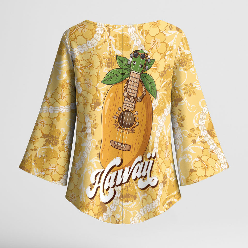 Hawaiian Mango Ukulele Kimono Sleeve Blouse Retro Yellow Hibiscus Pikake Lei LT9 - Polynesian Pride