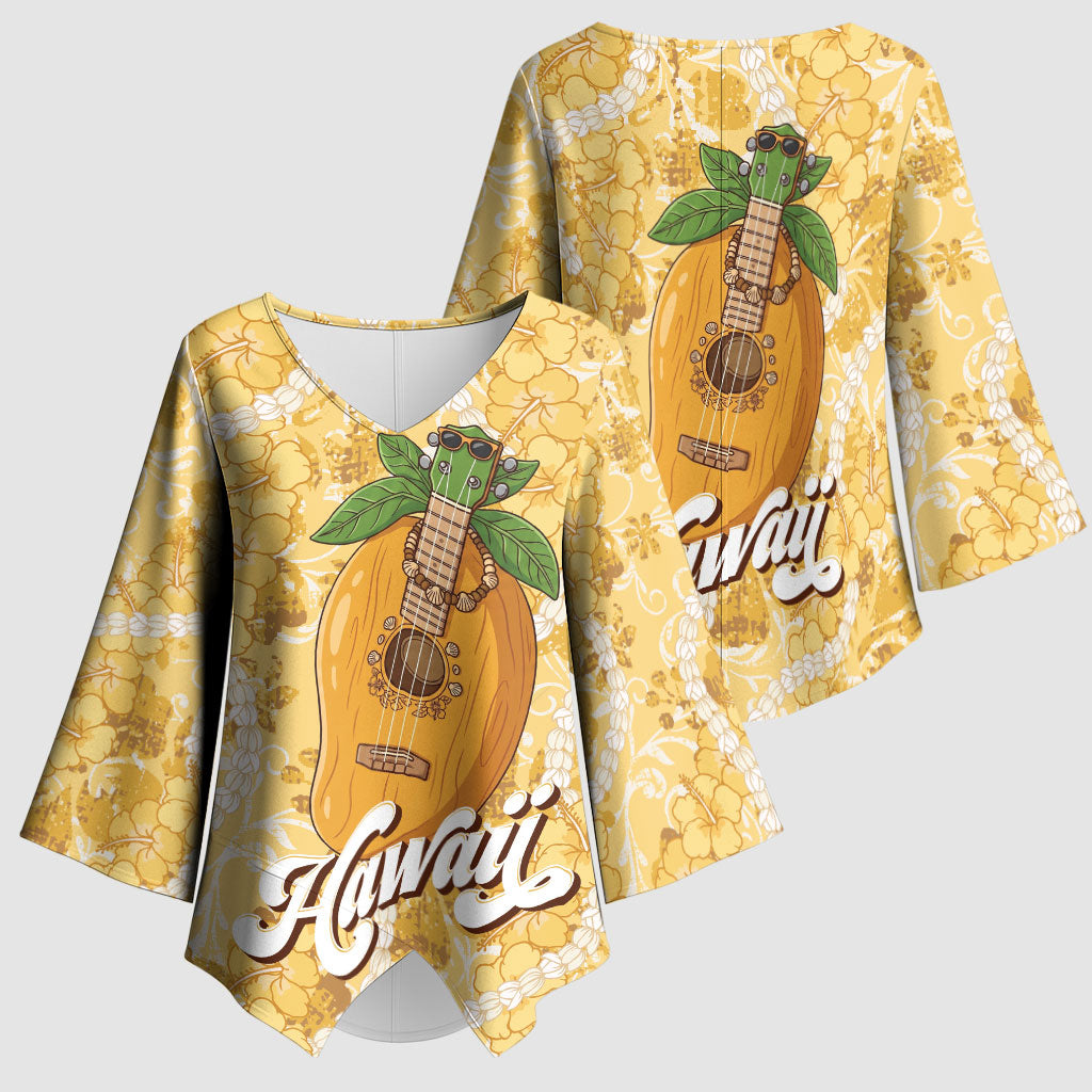 Hawaiian Mango Ukulele Kimono Sleeve Blouse Retro Yellow Hibiscus Pikake Lei LT9 - Polynesian Pride