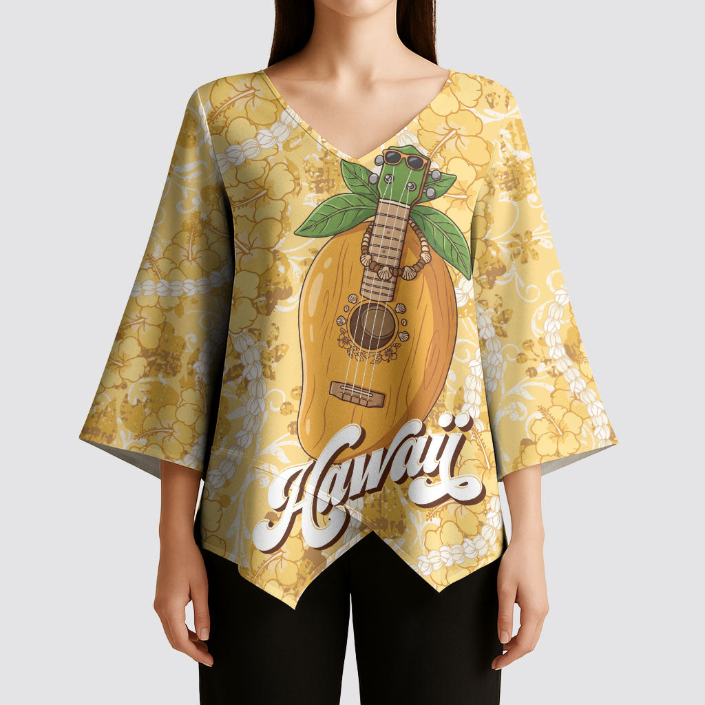 Hawaiian Mango Ukulele Kimono Sleeve Blouse Retro Yellow Hibiscus Pikake Lei LT9 - Polynesian Pride